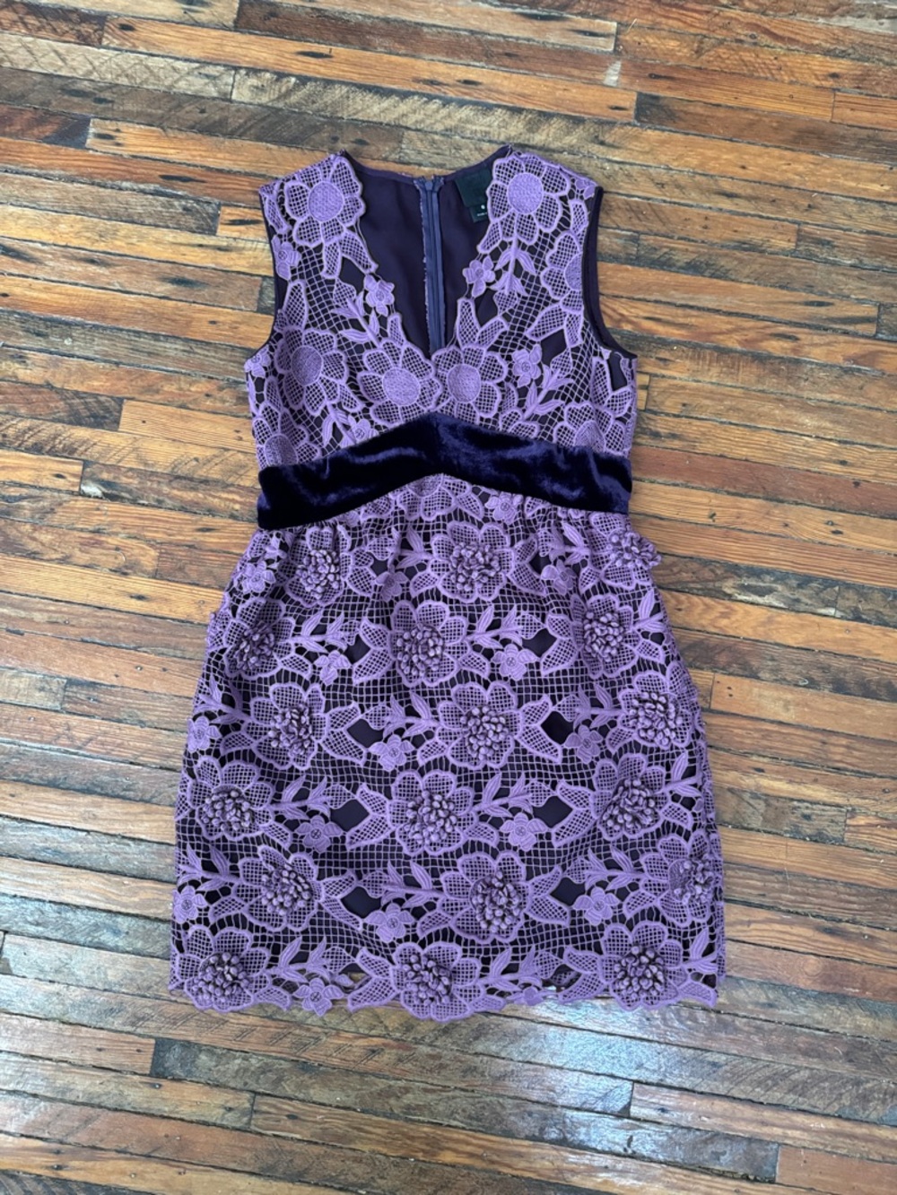 Anna Sui Lavender Lace Mini Dress with Velvet Waistband